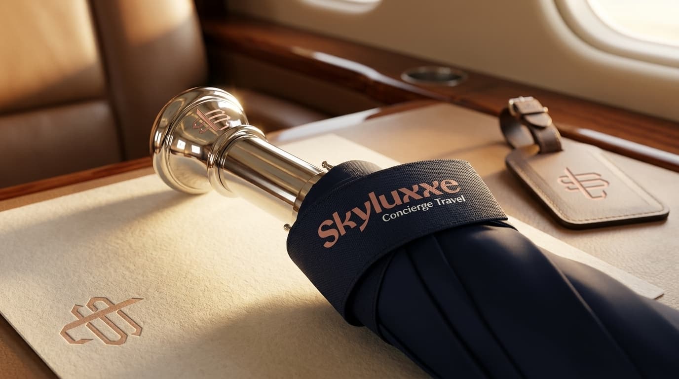 A refined umbrella held skyward in soft light, evoking composed travel between destinations.