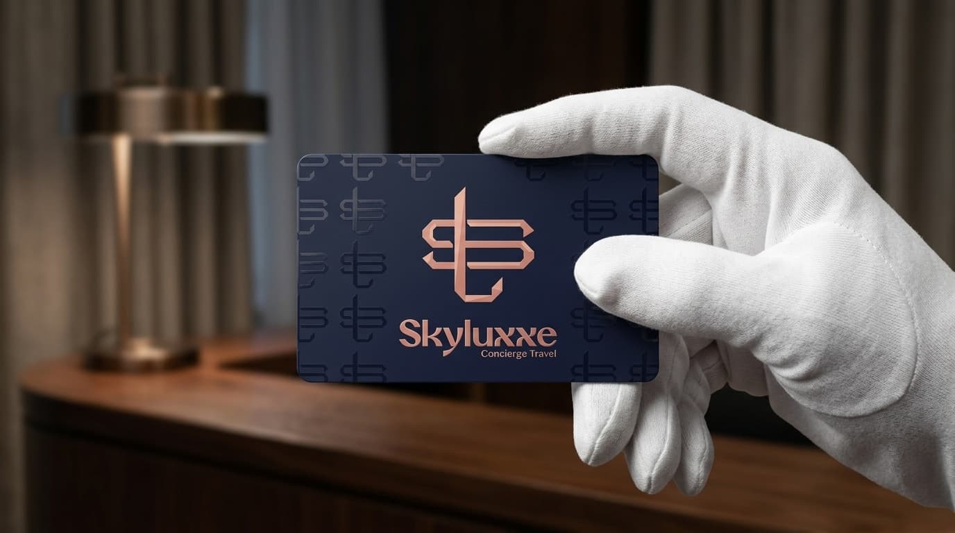 White-gloved hand presenting a Skyluxxe membership card