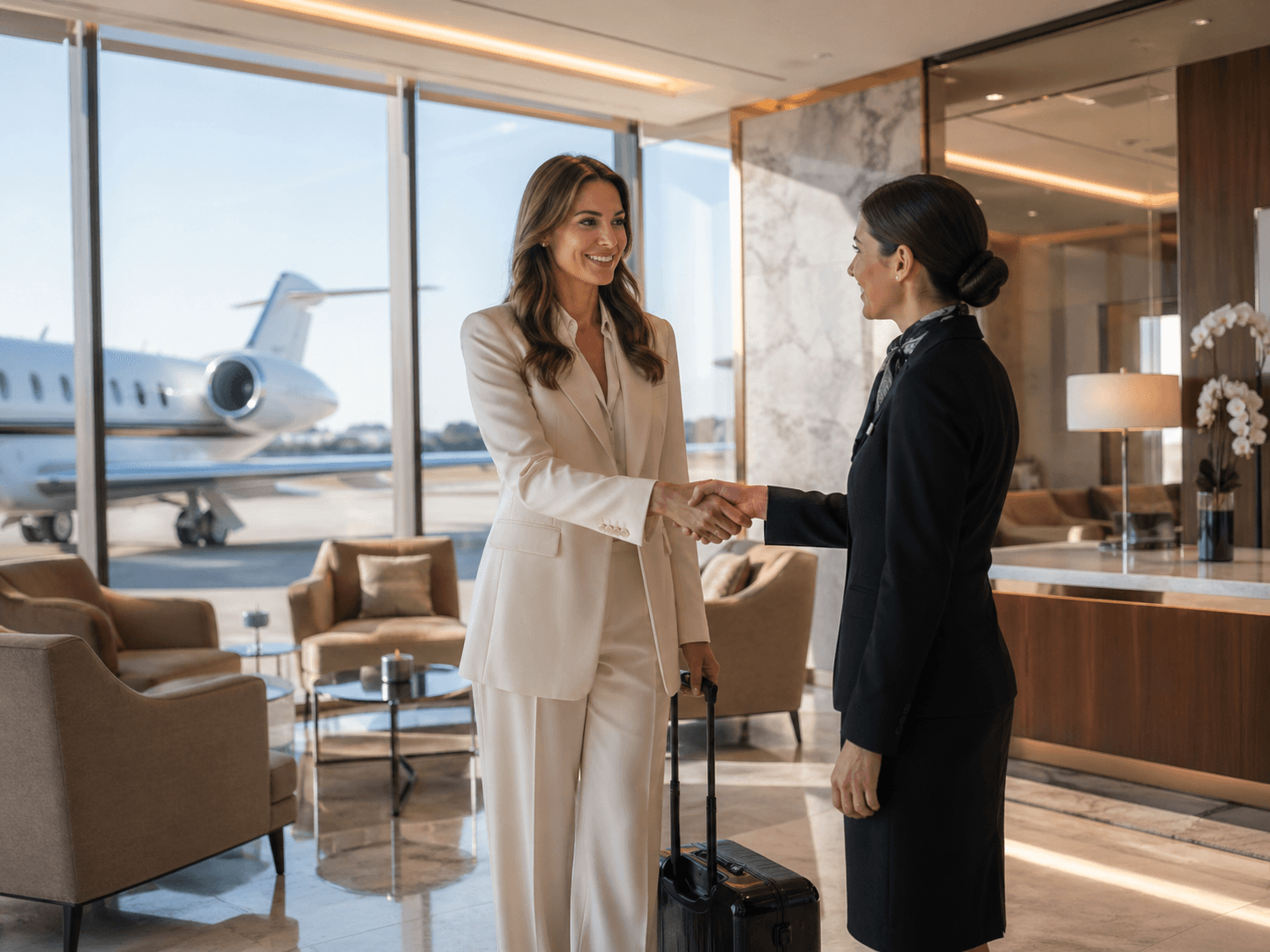 VIP terminal at sunset with private jet on the tarmac, concierge desk, and luxury vehicle